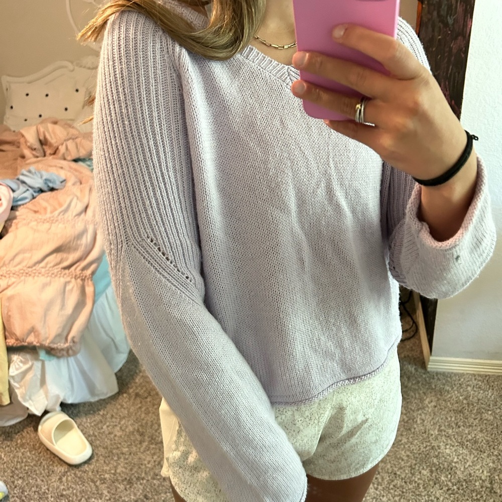 purple v neck sweater